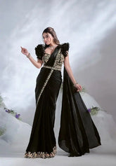 India Silk Black Sarees Made From Crepe Satin Silk Blend Traditional Craftsmanship With A Soft Elegant Texture